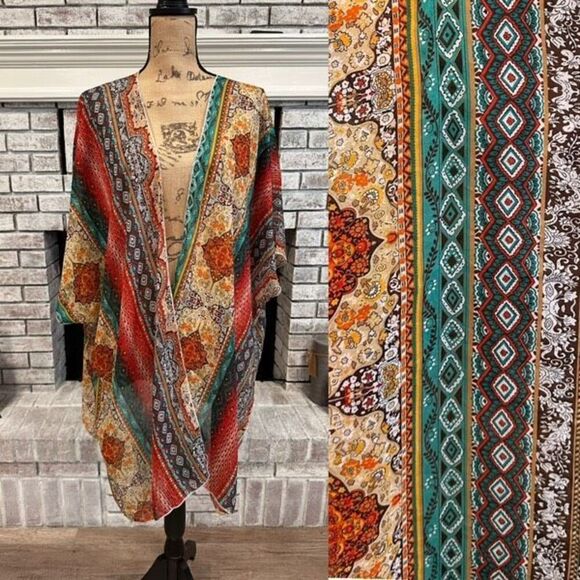 Unbranded Womens Floral Geometric Print Open Front Kimono Multicolor One Size - Picture 1 of 8